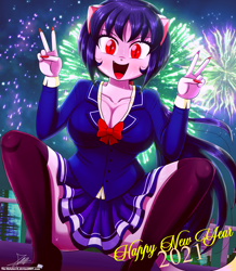 Size: 1620x1860 | Tagged: safe, artist:the-butch-x, oc, oc only, oc:cassey, anthro, equestria girls, g4, 2021, adult, breasts, cat ears, cleavage, clothes, double peace sign, happy new year, holiday, new year, peace sign, skirt, solo, stockings, thigh highs