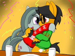 Size: 1440x1080 | Tagged: safe, artist:a.s.e, marble pie, oc, oc:a.s.e, earth pony, pony, g4, bipedal, canon x oc, christmas sweater, clothes, couple, duo, female, glasses, hair over one eye, happy, hug, male, new year, shipping, sweater, together