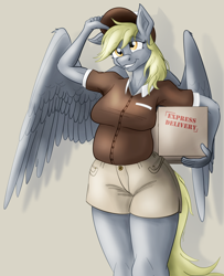 Size: 1896x2337 | Tagged: safe, artist:sixes&sevens, derpy hooves, pegasus, anthro, g4, box, breasts, busty derpy hooves, chubby, clothes, female, grin, hat, mailmare, mailmare uniform, mare, package, shorts, simple background, smiling, solo