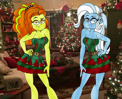 Size: 1280x1047 | Tagged: safe, artist:rdj1995, adagio dazzle, trixie, equestria girls, g4, christmas, christmas tree, duo, female, holiday, lesbian, real life background, ship:triagio, shipping, tree