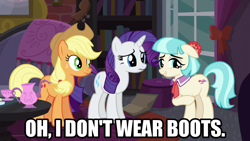 Size: 1280x720 | Tagged: safe, edit, edited screencap, screencap, applejack, coco pommel, rarity, earth pony, pony, unicorn, g4, made in manehattan, caption, female, image macro, mare, meme, text, we don't normally wear clothes