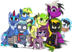Size: 2000x1446 | Tagged: safe, artist:chopsticks, derpibooru exclusive, oc, oc only, oc:arctic mist, oc:brisk bronco, oc:cookie cutter, oc:faded page, oc:sassy lost, oc:speed, oc:verglas frost, oc:vermont black, earth pony, kirin, pegasus, pony, unicorn, 2021 community collab, derpibooru community collaboration, bipedal, bipedal leaning, book, cheek fluff, chest fluff, clothes, diverse body types, ear fluff, female, filly, floppy ears, foal, glasses, heterochromia, kirin oc, leaning, looking at you, magic, male, mare, minecraft block, pickaxe, scarf, shivering, simple background, snow, stallion, teenager, telekinesis, transparent background, unshorn fetlocks