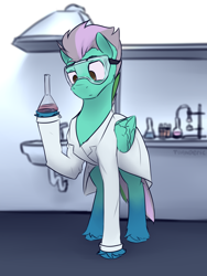 Size: 3000x4000 | Tagged: safe, artist:toanderic, oc, oc only, pegasus, pony, blurry background, chemicals, chemistry, clothes, folded wings, lab coat, laboratory, male, no pupils, pegasus oc, safety goggles, science, scientist, signature, solo, stallion, standing, test tube, unshorn fetlocks, wings