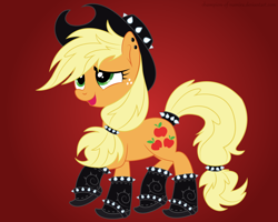 Size: 1500x1200 | Tagged: safe, artist:champion-of-namira, applejack, earth pony, pony, g4, boots, hat, red background, shoes, simple background, solo
