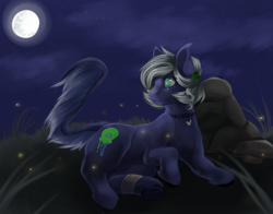 Size: 2642x2068 | Tagged: safe, artist:melpone, oc, oc only, oc:lilith (dollpone), earth pony, pony, female, high res, lying down, mare, moon, night, prone, solo