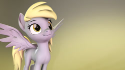 Size: 1280x720 | Tagged: safe, artist:skytail07, derpy hooves, pegasus, pony, 3d, :3, female, mare, poster, simple background, solo, source filmmaker, wallpaper