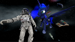 Size: 1386x782 | Tagged: source needed, useless source url, safe, artist:derpyanon_, princess luna, alicorn, human, pony, g4, 3d, astronaut, cute, duo, luna and the nauts, source filmmaker, space, spacesuit