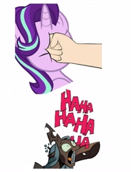 Size: 3106x4096 | Tagged: safe, idw, queen chrysalis, starlight glimmer, changeling, changeling queen, pony, unicorn, friendship is magic #35, g4, my little pony: friendship is magic (idw), abuse, chrysalis laughs at your misery, chrysalis sure does hate starlight, exploitable meme, female, fist, glimmerbuse, horn, mare, meme, op is a duck, op is trying to start shit, punch, starlight vs chrysalis