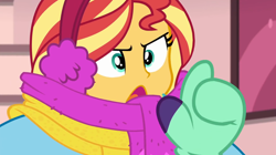 Size: 1600x899 | Tagged: safe, screencap, sunset shimmer, equestria girls, equestria girls specials, g4, my little pony equestria girls: better together, my little pony equestria girls: holidays unwrapped, saving pinkie's pie, bundled up, clothes, earmuffs, female, mittens, overdressed, scarf, solo