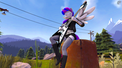 Size: 3840x2160 | Tagged: safe, artist:rainsstudio, derpibooru exclusive, oc, oc:black rain, alicorn, anthro, 3d, alicorn oc, band shirt, clothes, fishnet stockings, forest, gibson flying v, goth, guitar, high res, horn, jacket, knee-high boots, leather jacket, musical instrument, outdoors, playing instrument, rock (music), rocker, rule 63, sexy, sexy outfit, shorts, sitting, solo, source filmmaker, tree, tree stump, wings