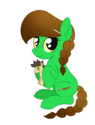 Size: 1049x1386 | Tagged: safe, artist:dyonys, derpibooru exclusive, oc, oc only, oc:lucky brush, oc:night chaser, earth pony, pony, 2021 community collab, derpibooru community collaboration, female, freckles, holding, mare, plushie, simple background, sitting, transparent background