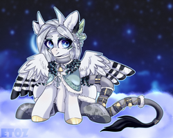 Size: 2500x2000 | Tagged: safe, artist:etoz, oc, oc only, oc:holivi, bird, bird pone, original species, pegasus, pony, bell, blue eyes, clothes, cloud, digital art, feather, female, gift art, high res, horns, leaves, leonine tail, looking away, mare, night, pegasus oc, plant, plumage, raised hoof, shoes, sitting, sky, smiling, solo, stars, straps, tail, tail feathers, wings