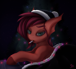 Size: 1793x1650 | Tagged: safe, artist:batsdisaster, fluttershy, pony, vampire, vampony, g4, alternate hairstyle, bat ears, blanket, christmas, christmas tree, cigarette, colored hooves, female, green eyes, hat, holiday, lying down, mare, prone, santa hat, smoke, smoking, solo, tree