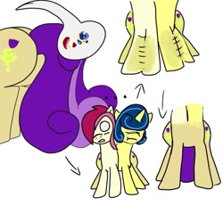 Size: 939x901 | Tagged: safe, artist:thatknuxandsilverfan, roseluck, oc, oc:swirlee doo, oc:tulip twist, earth pony, pony, unicorn, g4, butt, commissioner:bigonionbean, conjoined, cutie mark, energy, flank, forced, fusion, fusion:tulip twist, magic, merge, merging, plot, writer:bigonionbean