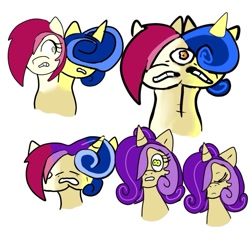 Size: 939x901 | Tagged: safe, artist:thatknuxandsilverfan, roseluck, oc, oc:swirlee doo, oc:tulip twist, earth pony, pony, unicorn, g4, butt, commissioner:bigonionbean, conjoined, cutie mark, energy, flank, forced, fusion, fusion:tulip twist, magic, merge, merging, plot, writer:bigonionbean