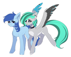 Size: 2500x2000 | Tagged: safe, artist:villjulie, derpibooru exclusive, oc, oc:julie, oc:raylanda, earth pony, pegasus, pony, 2021 community collab, derpibooru community collaboration, colored wings, female, flying, high res, lesbian, looking at each other, mare, multicolored wings, oc x oc, shipping, simple background, smiling, spotted wings, spread wings, transparent background, wings