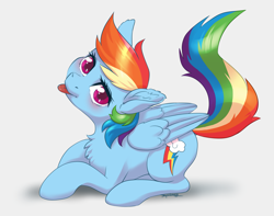 Size: 4105x3232 | Tagged: safe, artist:taytinabelle, rainbow dash, pegasus, pony, g4, :p, behaving like a cat, blushing, chest fluff, cute, dashabetes, dock, ear fluff, female, high res, looking at you, looking up, mare, raised tail, simple background, solo, tail, tongue out, white background