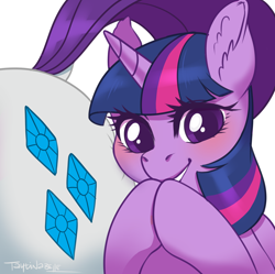 Size: 3516x3496 | Tagged: safe, artist:taytinabelle, derpibooru exclusive, rarity, twilight sparkle, pony, unicorn, g4, blushing, butt, dock, duo, ear fluff, female, high res, looking at you, mare, praying, rearity, simple background, smiling, white background
