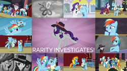 Size: 1966x1107 | Tagged: safe, edit, edited screencap, editor:quoterific, screencap, blaze, fire streak, fleetfoot, high winds, lightning streak, misty fly, rainbow dash, rarity, soarin', spitfire, stormy flare, wind rider, pegasus, pony, unicorn, g4, rarity investigates, season 5, compilation, detective rarity, horn, noir, rain