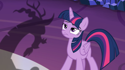 Size: 1920x1080 | Tagged: safe, screencap, discord, twilight sparkle, alicorn, draconequus, pony, g4, what about discord?, cutie map, female, frown, lidded eyes, looking up, mare, shadow, twilight sparkle (alicorn), twilight sparkle is not amused, twilight's castle, unamused