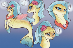 Size: 4000x2668 | Tagged: safe, artist:artmadebyred, princess skystar, seapony (g4), g4, my little pony: the movie, blue eyes, cute, dorsal fin, eyelashes, female, fin, fin wings, fins, fish tail, flower, flower in hair, flowing mane, freckles, frown, jewelry, looking down, necklace, ocean, pearl necklace, signature, skyabetes, smiling, swimming, tail, underwater, water, wings