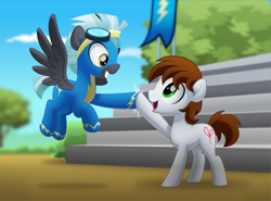 Size: 4999x3707 | Tagged: safe, artist:jhayarr23, thunderlane, oc, oc:dreamer, earth pony, pegasus, pony, g4, absurd resolution, clothes, commission, goggles, hoofbump, looking at each other, male, open mouth, smiling, stallion, uniform, wonderbolts uniform