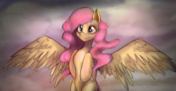 Size: 2596x1352 | Tagged: safe, artist:xfireflamex, fluttershy, pegasus, pony, g4, bust, eyelashes, female, flying, hooves to the chest, looking at you, mare, sky background, smiling, solo, spread wings, stray strand, three quarter view, wings