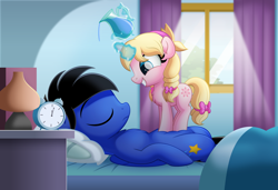 Size: 3000x2053 | Tagged: safe, artist:jhayarr23, oc, oc only, oc:xeto, pegasus, pony, unicorn, alarm clock, bed, bow, clock, eyes closed, female, filly, hair bow, hairband, high res, lying down, on back, pitcher, sleeping, tail bow, this will end in screams, water