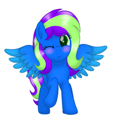Size: 1080x1080 | Tagged: safe, artist:itsnovastarblaze, oc, oc only, oc:novastar blaze, pony, 2021 community collab, derpibooru community collaboration, blushing, cute, eye clipping through hair, female, looking at you, mare, one eye closed, simple background, solo, spread wings, standing, transparent background, wings, wink, winking at you