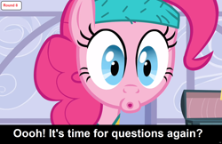 Size: 1920x1246 | Tagged: safe, edit, edited screencap, screencap, pinkie pie, earth pony, pony, comic:celestia's servant interview, g4, read it and weep, season 2, :o, caption, cs captions, female, interview, looking at you, mare, open mouth, sweatband, text, wide eyes
