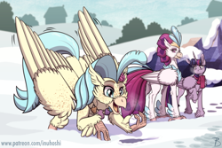 Size: 1772x1181 | Tagged: safe, artist:inuhoshi-to-darkpen, princess skystar, queen novo, twilight sparkle, alicorn, hippogriff, pony, g4, my little pony: the movie, clothes, cute, female, mother and child, mother and daughter, scarf, skyabetes, snow, twilight sparkle (alicorn), winter
