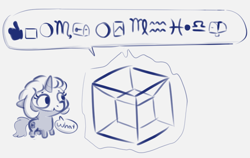 Size: 812x513 | Tagged: safe, artist:heretichesh, oc, oc:s.leech, pony, unicorn, book, chibi, female, monochrome, tesseract, text, wat, wingdings