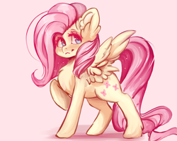 Size: 900x720 | Tagged: safe, artist:valeria_fills, fluttershy, pegasus, pony, g4, chest fluff, cute, digital art, ear fluff, female, looking at you, mare, raised hoof, shyabetes, simple background, solo, spread wings, standing, tail, wings