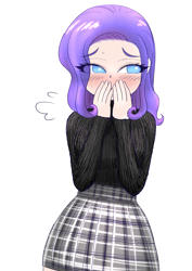 Size: 2508x3541 | Tagged: safe, artist:sigpi, rarity, human, g4, blushing, clothes, cute, female, high res, humanized, no pupils, raribetes, simple background, skirt, solo, white background