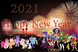 Size: 1024x687 | Tagged: safe, artist:cartoonmasterv3, applejack, fluttershy, pinkie pie, rainbow dash, rarity, twilight sparkle, alicorn, earth pony, pegasus, pony, unicorn, g4, 2021, batgirl, bumblebee (dc comics), dc superhero girls, fireworks, green lantern, happy new year, happy new year 2021, holiday, mane six, supergirl, twilight sparkle (alicorn), wonder woman, zatanna