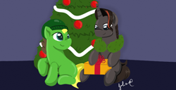 Size: 1366x698 | Tagged: safe, artist:julie25609, oc, oc:lord infernal cinders, oc:weedy, pony, unicorn, christmas, christmas tree, duo, hearth's warming, holiday, present, tree