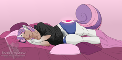 Size: 1500x736 | Tagged: safe, artist:blueberrysnow, sweetie belle, human, pony, unicorn, g4, bed, bedroom, clothes, commission, cutie mark, digital art, horn, human to pony, lying down, lying on bed, male to female, on bed, pillow, rule 63, sleeping, tail, torn clothes, transformation, transgender transformation