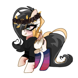 Size: 768x768 | Tagged: safe, artist:moodi, oc, oc only, oc:moodiness express, pegasus, pony, 2021 community collab, derpibooru community collaboration, bags under eyes, clothes, colored wings, cute, cutie mark, floral head wreath, flower, folded wings, freckles, hoodie, multicolored wings, nose piercing, nose ring, piercing, scar, self harm scars, simple background, smiling, socks, solo, striped socks, transparent background, wings
