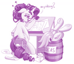 Size: 1280x1120 | Tagged: safe, artist:dstears, coco pommel, rarity, earth pony, pony, unicorn, g4, alternate hairstyle, barrel, butt, cool s, desk, duo, female, glasses, hatbutt, mare, monochrome, mouth hold, open mouth, paper, plot, pun, simple background, sitting, stool, underhoof, visual gag, visual pun, white background
