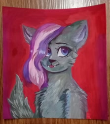 Size: 1430x1600 | Tagged: safe, artist:ske, oc, oc only, oc:miranda shadow, cat, hybrid, original species, pony, chest fluff, fangs, solo, traditional art