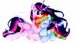 Size: 3813x2145 | Tagged: safe, artist:liaaqila, rainbow dash, twilight sparkle, alicorn, pegasus, pony, g4, the last problem, behaving like a cat, blushing, chest fluff, commission, cuddling, cute, dashabetes, duo, duo female, female, fluffy, high res, lesbian, mare, nuzzling, older, older twilight, older twilight sparkle (alicorn), princess twilight 2.0, purring, ship:twidash, shipping, simple background, size difference, traditional art, twiabetes, twilight sparkle (alicorn), white background