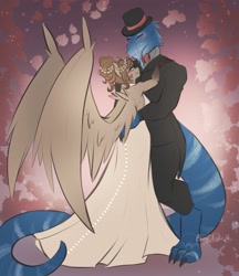 Size: 1107x1280 | Tagged: safe, artist:bunnywhiskerz, oc, oc only, lizard, pegasus, anthro, digitigrade anthro, blushing, clothes, commission, digital art, dress, duo, female, furry, furry oc, looking at each other, looking at you, male, simple background, smiling, solo, spread wings, straight, tail, wedding dress, wings