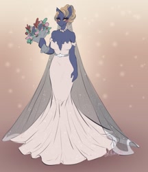 Size: 1107x1280 | Tagged: safe, artist:bunnywhiskerz, oc, oc only, oc:blasting cap, unicorn, anthro, blushing, breasts, bride, clothes, commission, digital art, dress, female, flower, horn, jewelry, looking at you, necklace, smiling, solo, wedding dress