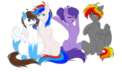 Size: 1690x1000 | Tagged: safe, artist:kate phlin, oc, oc only, oc:armored howes, oc:grapie, oc:kate phlin, oc:rony_ram, earth pony, pegasus, pony, unicorn, 2021 community collab, derpibooru community collaboration, candy, candy cane, chest fluff, colored wings, ear piercing, eyes closed, food, freckles, group, hug, looking at you, male, mouth hold, multicolored wings, open mouth, piercing, simple background, sitting, smiling, stallion, transparent background, wings