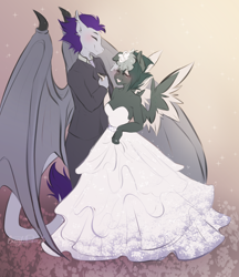 Size: 3200x3700 | Tagged: safe, artist:bunnywhiskerz, oc, oc only, dragon, pegasus, anthro, blushing, breasts, clothes, commission, digital art, dress, duo, female, furry, furry oc, high res, male, simple background, smiling, spread wings, straight, tail, wedding dress, wings