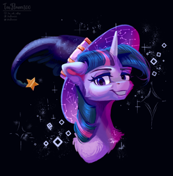 Size: 1470x1491 | Tagged: safe, artist:teaflower300, twilight sparkle, pony, g4, bust, female, halloween, hat, holiday, lidded eyes, mare, portrait, smiling at you, solo, witch hat