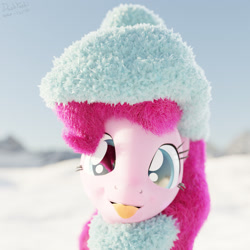 Size: 2400x2400 | Tagged: safe, artist:dashyoshi, pinkie pie, earth pony, pony, g4, 3d, blender, blender cycles, clothes, high res, looking at you, mountain, scarf, snow, solo, tongue out, winter, winter outfit