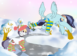 Size: 3118x2267 | Tagged: safe, artist:scoundrel scaramouche, oc, oc only, oc:liquorice sweet, oc:soaring skies, earth pony, pegasus, pony, clothes, hat, hearth's warming, high res, snow, snowfall, socks, striped socks, tree, winter
