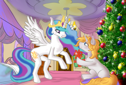 Size: 1250x850 | Tagged: safe, artist:scoundrel scaramouche, princess celestia, oc, oc:dusty pages, g4, bed, christmas, christmas tree, hearth's warming, holiday, present, tree