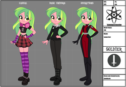 Size: 2700x1872 | Tagged: safe, artist:limedazzle, lemon zest, fanfic:evil-count-proteus's unnamed eqg au, equestria girls, g4, bodysuit, boots, chains, clothes, commissioner:evil-count-proteus, fanfic, fanfic art, female, high res, midriff, reference sheet, shadowbolts, shoes, short shirt, show accurate, skirt, solo, spy suit, stockings, thigh highs, uniform